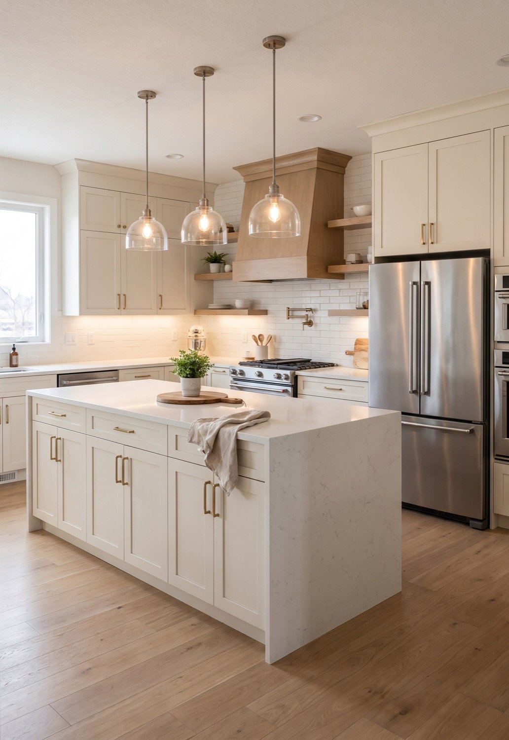 A bright kitchen with cream cabinets, a quartz island under glass pendants, a stainless refrigerator and a slide-in range