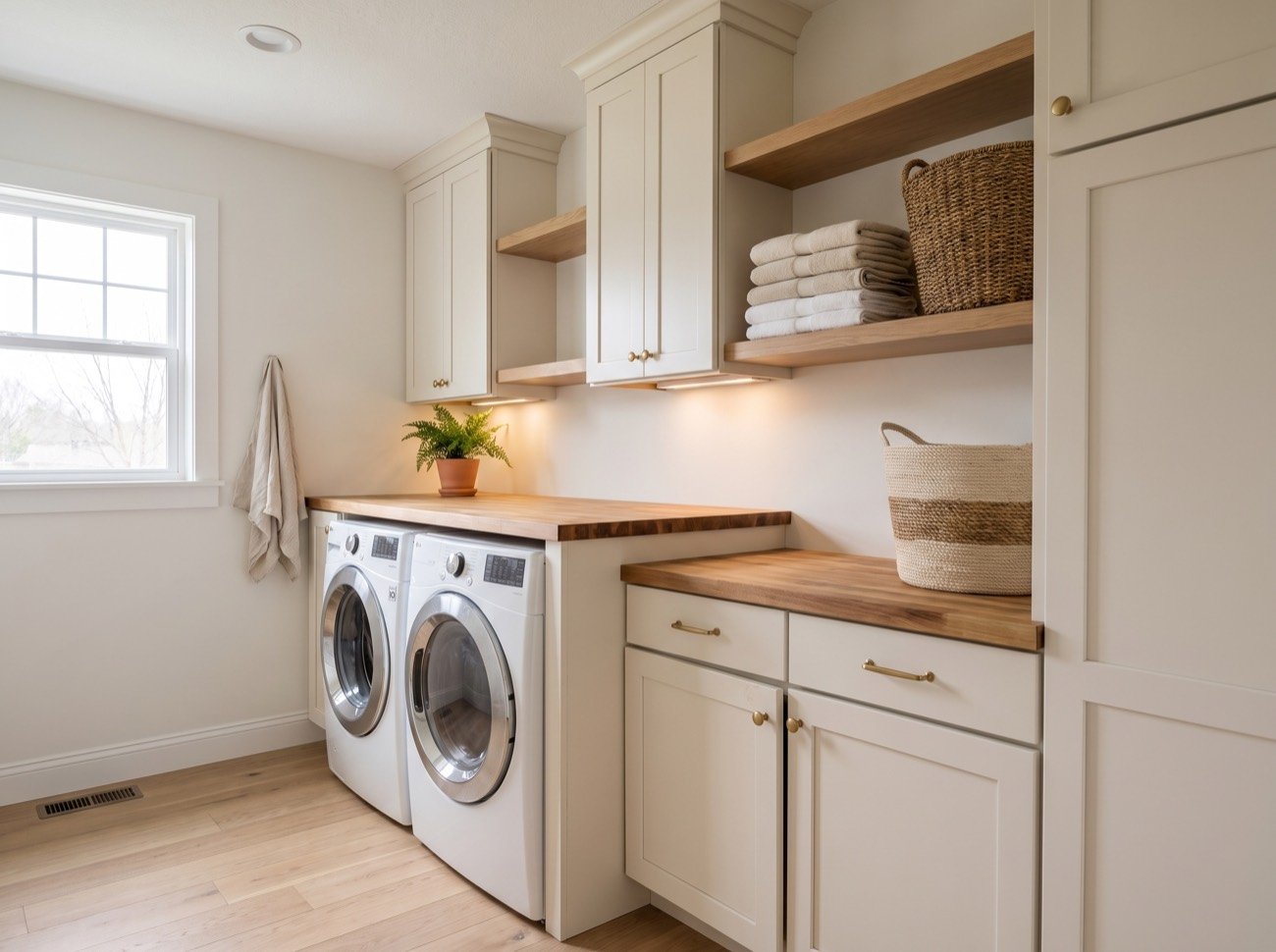 A tidy laundry room with a front-load washer and dryer under a wood counter