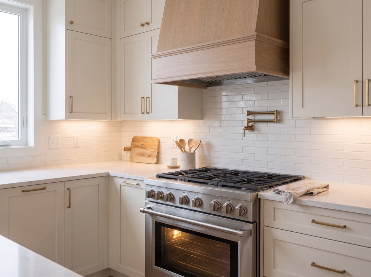 A stainless gas range with cast-iron grates beneath a white-oak hood in a cream kitchen