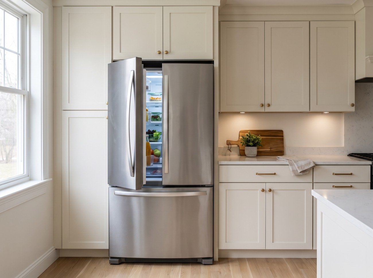 A stainless french-door refrigerator built into cream kitchen cabinetry